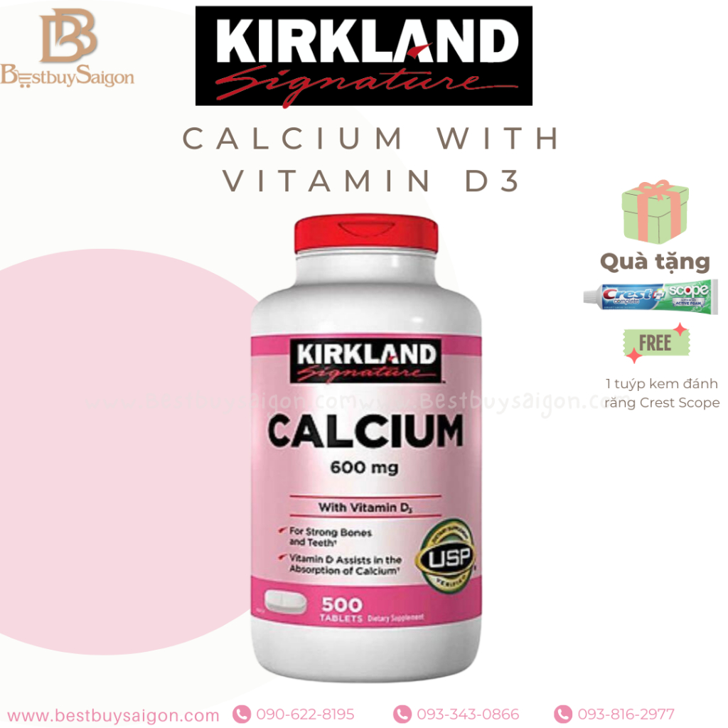 [Date 2025] Viên uống Calcium Kirkland 600mg + Vitamin D3 500 viên - chính hãng Mỹ