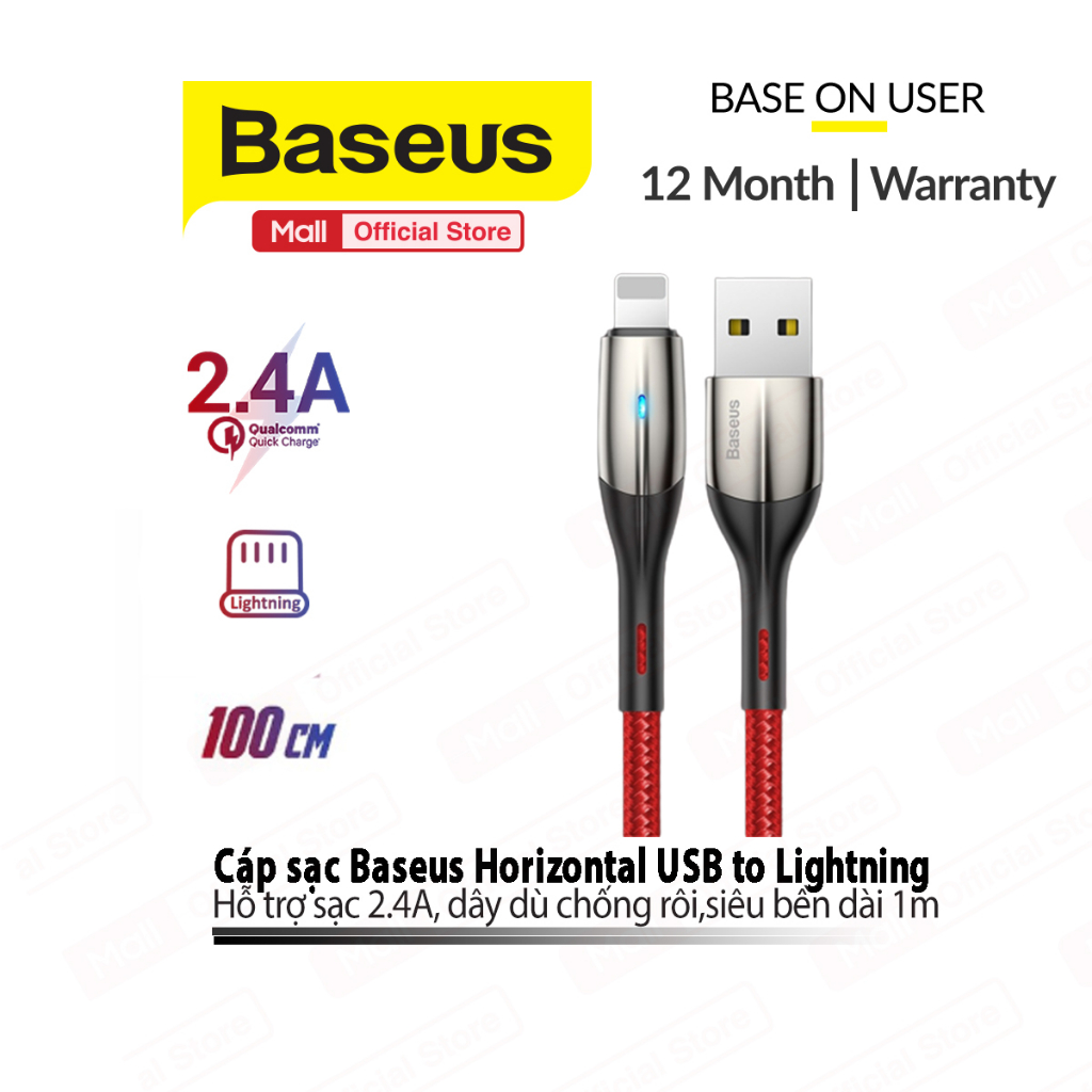 Cáp sạc và truyền dữ liệu tốc độ cao Baseus Horizontal Data USB dùng cho IP7/8/10/11/12 hỗ trợ sạc 2.4A dài 1m/2m