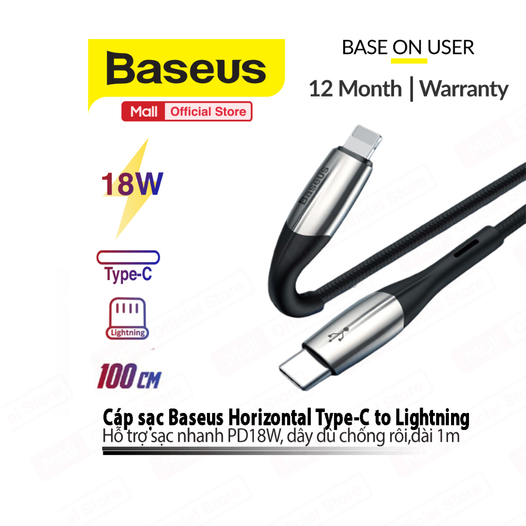 Cáp sạc PD18W Type-C dùng cho IP10/11/12/13/14 Baseus Horizontal Flash Charge, truyền dữ liệu dài 1m/2m