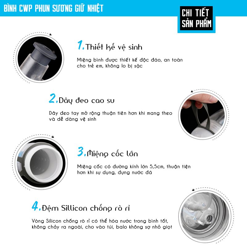 Bình Nước Phun Sương Giữ Nhiệt 3 Lớp Chất Liệu PE Tiện Lợi An Toàn Sức Khoẻ