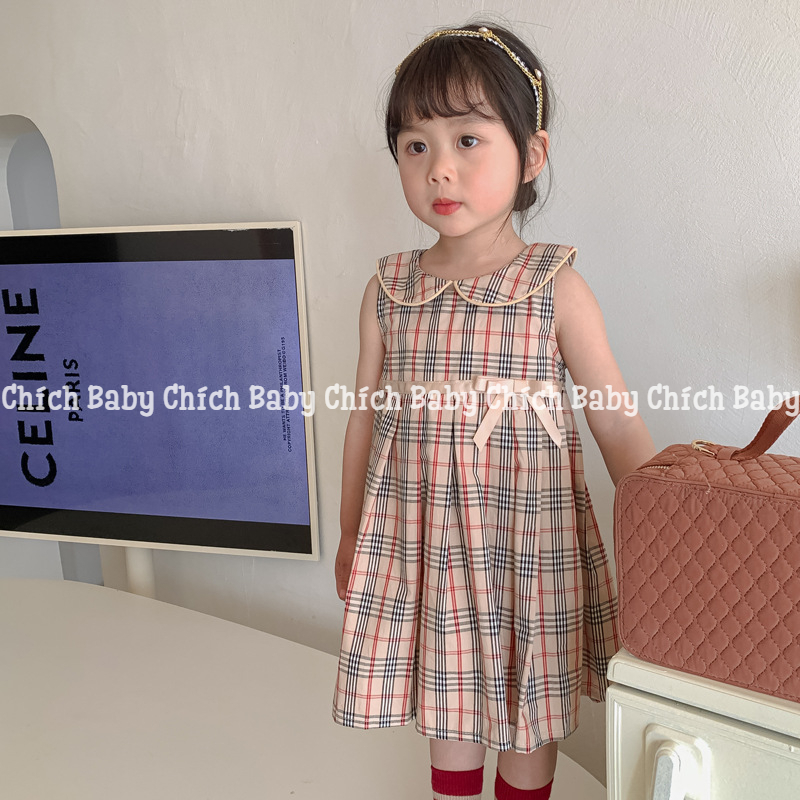 Đầm vải burberry nâu đính nơ