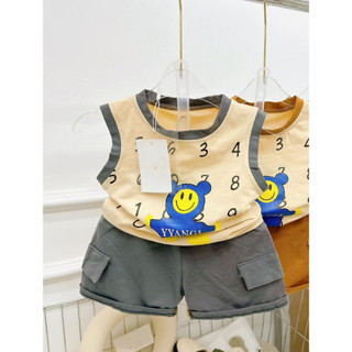 Đồ bộ bé trai - Bộ ba lỗ bé trai họa tiết gấu và số size từ 7-18 kg - Set quần áo mùa hè SUN KID'S