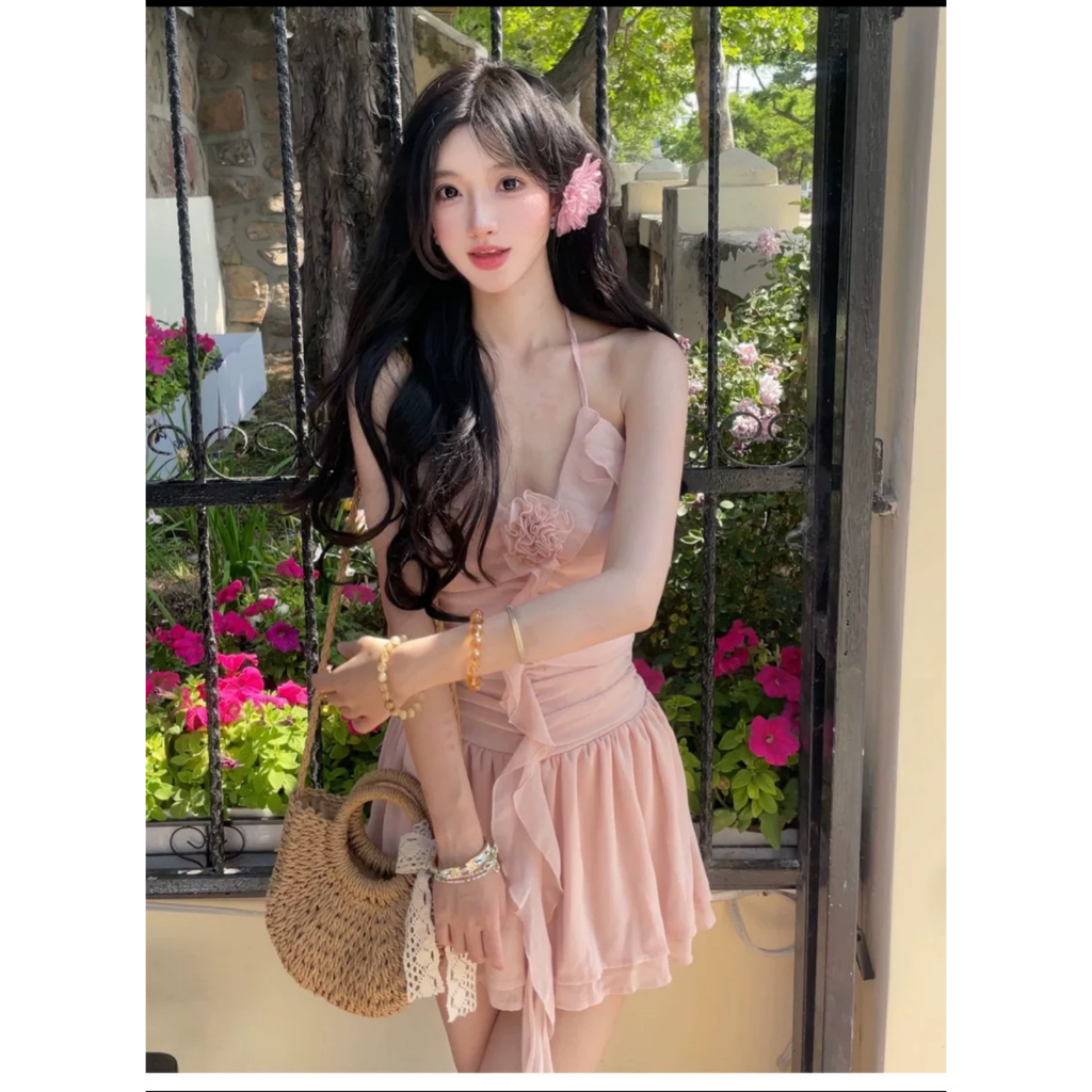 Đầm Ngắn Hai Dây Bèo T97 Tua Rua Kèm Hoa Chéo Eo Gợi Cảm Thời Trang Xuân Hè