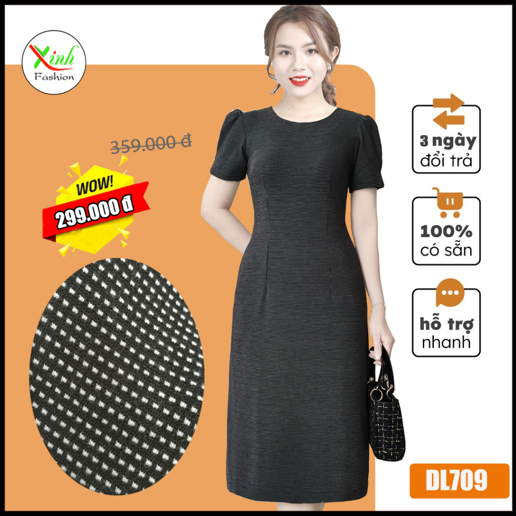 Đầm Suông Đen Caro Nhuyễn Tôn Dáng Cao DL709