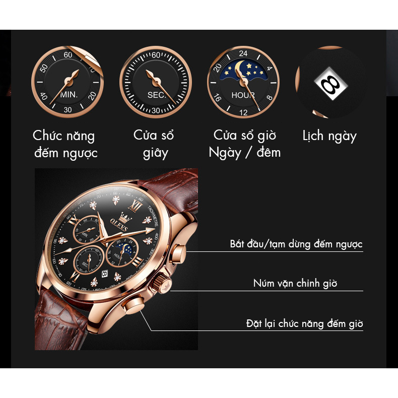 Đồng hồ nam cao cấp Olevs size 42mm,dây đeo thép không gỉ,chống nước 30m,bảo hành toàn quốc 12 tháng chính hãng Olevs