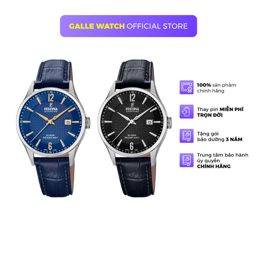 Đồng hồ nam Festina Watch F20007 mặt kính Sapphire, máy pin chống nước, dây da đeo tay cao cấp chính hãng Thụy Sĩ