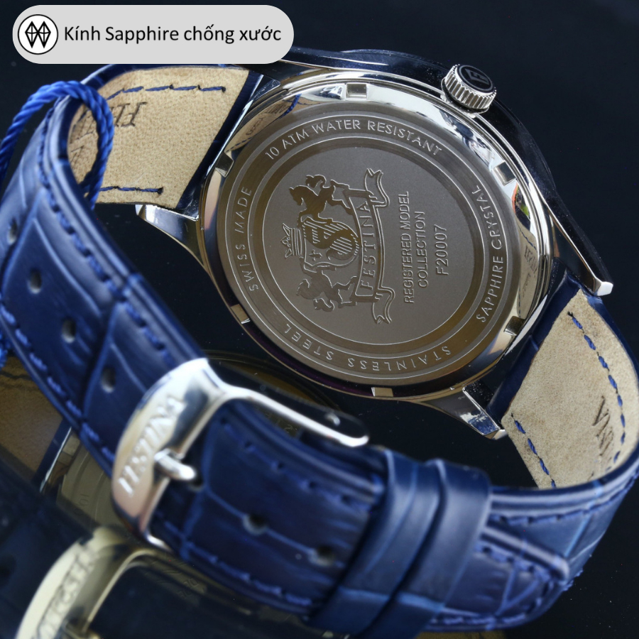 Đồng hồ nam Festina Watch F20007 mặt kính Sapphire, máy pin chống nước, dây da đeo tay cao cấp chính hãng Thụy Sĩ