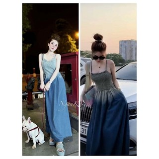 Đầm jean loang xòe 2 dây dáng dài đồng giá 1906