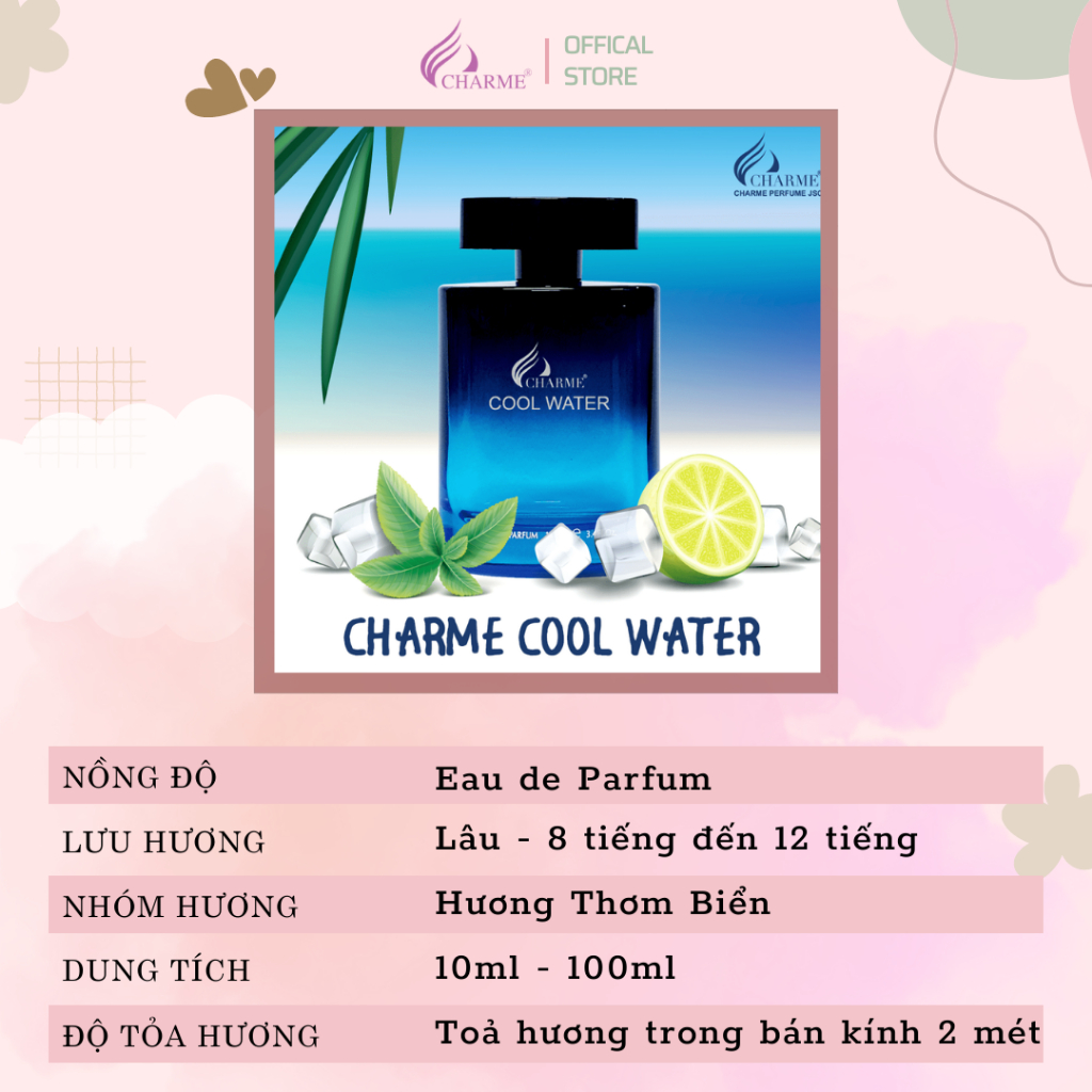 Nước hoa nam chính hãng, Charme Cool Water, chai Test mini, lưu hương lâu, hương thơm mạnh mẽ thanh lịch, 10ml