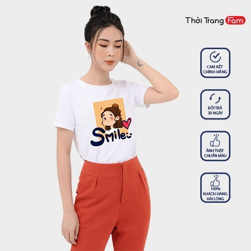 Áo phông nữ dáng suông vừa, chất cotton 4 chiều, in họa tiết cô gái rất xinh độc quyền thương hiệu FAM