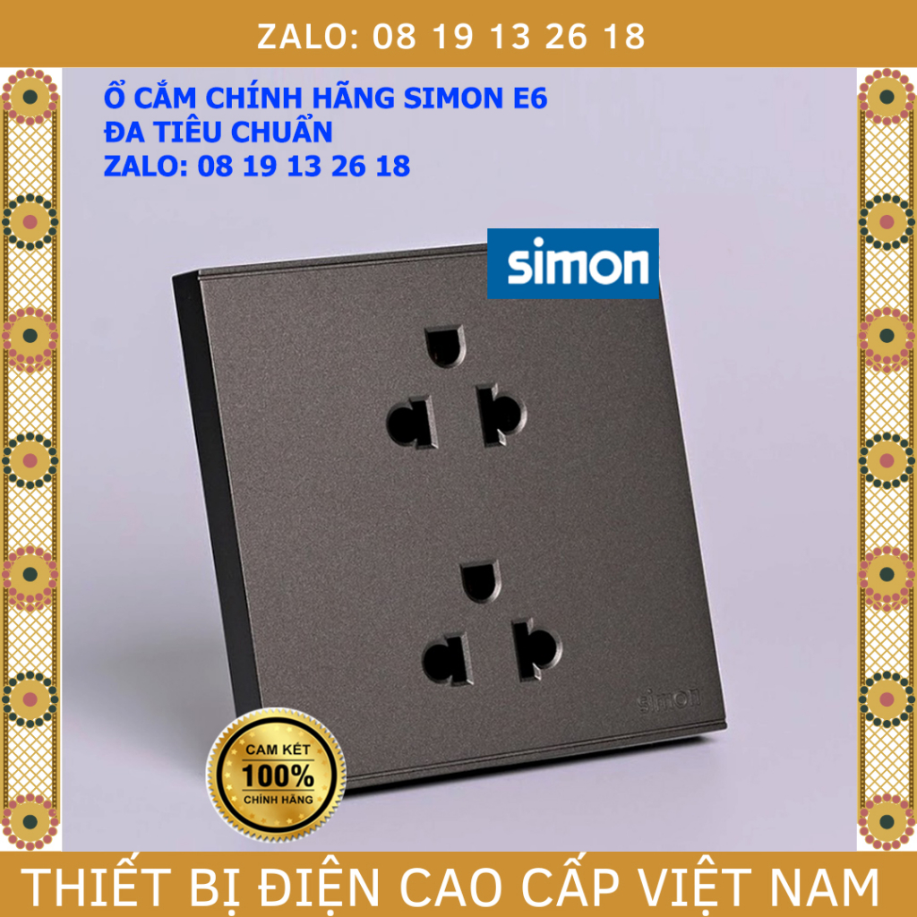 Ổ cắm Simon E6 chính hãng, hình vuông, đa tiêu chuẩn, màu xám, ổ cắm đôi 3 chấu, mã 721287, bảo hành 2 năm