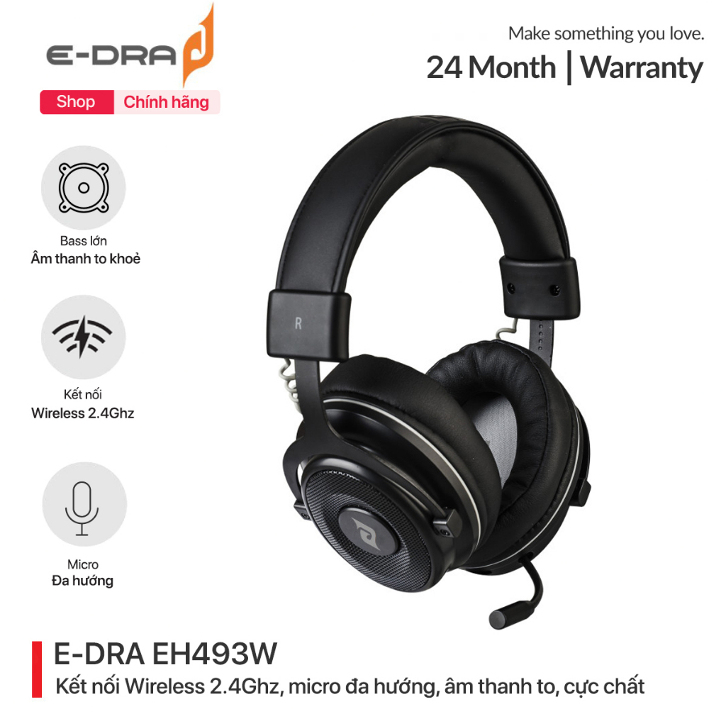 Tai nghe gaming không dây E-dra EH493w Noob Black Wireless 2.4 Ghz - Bass 50mm cực chất -  Kết nối Wireless 2.4 Ghz
