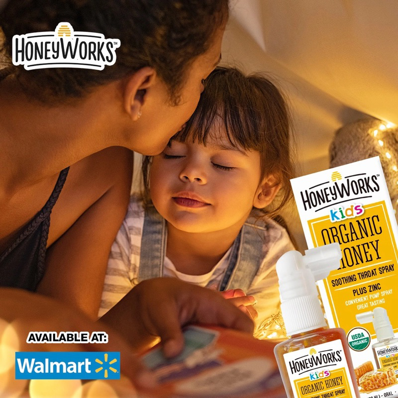 Xịt họng keo ong chứa kẽm hữu cơ 30ml HoneyWorks Kids Organic Honey Soothing Throat Spray Plus Zinc - BAABEELAND