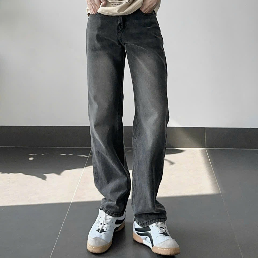 Quần suông xám nam jean ống suông ống rộng xám quần baggy nam