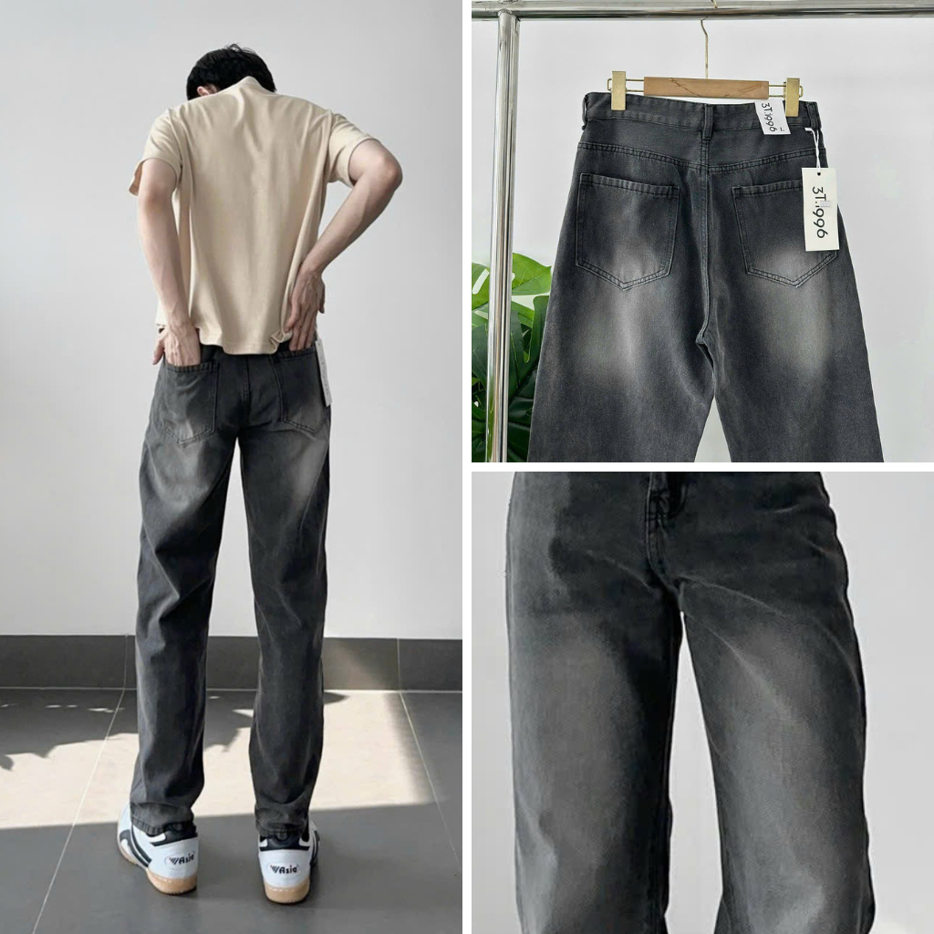 Quần suông xám nam jean ống suông ống rộng xám quần baggy nam