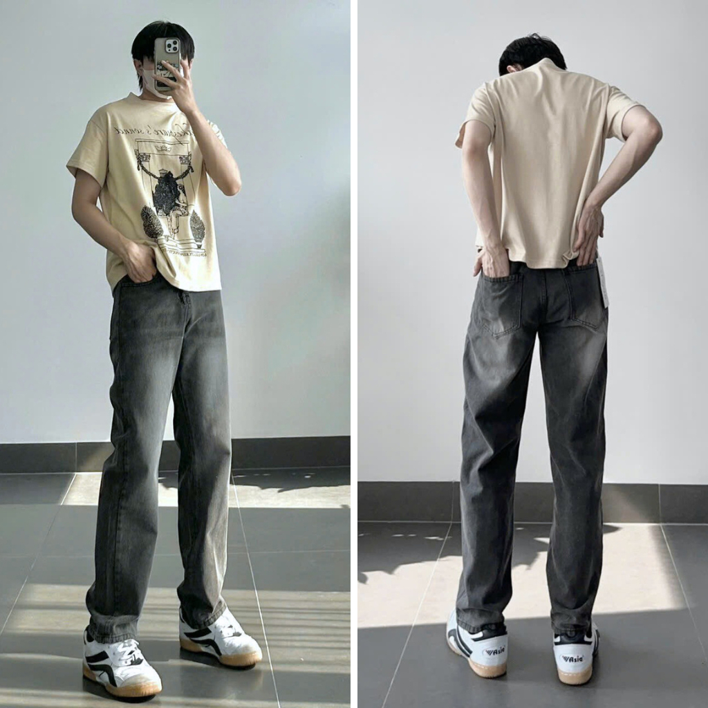 Quần suông xám nam jean ống suông ống rộng xám quần baggy nam