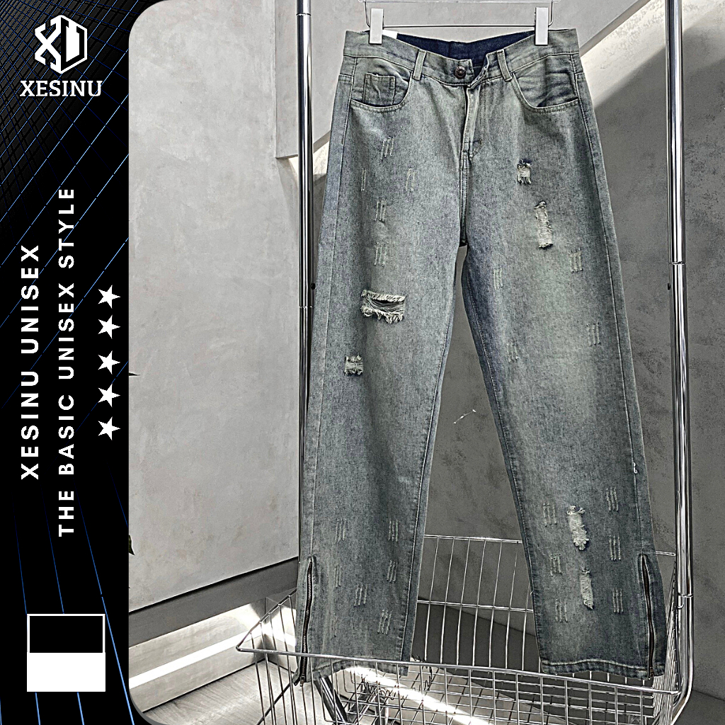 Quần khóa chân ống rộng quần khóa zip ống loe jean suông cạp cao XESINU