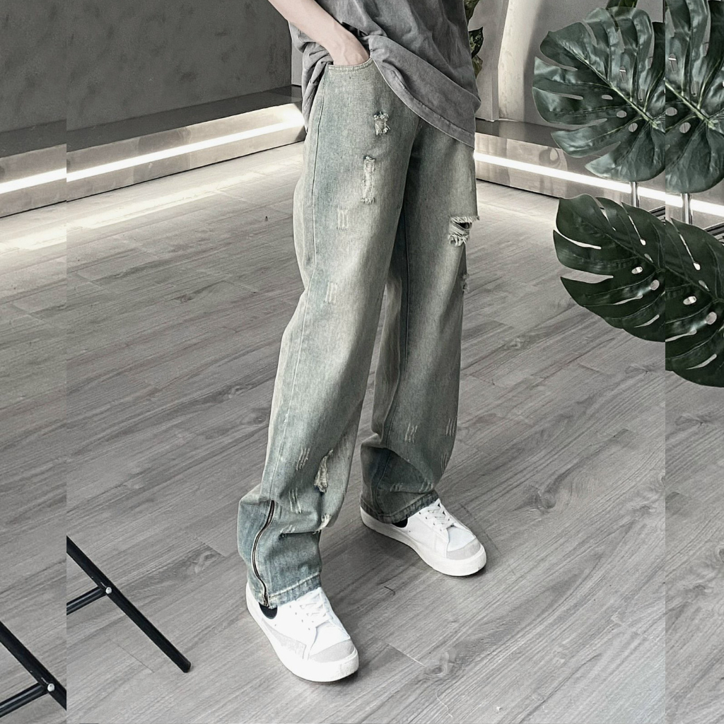 Quần khóa chân ống rộng quần khóa zip ống loe jean suông cạp cao XESINU