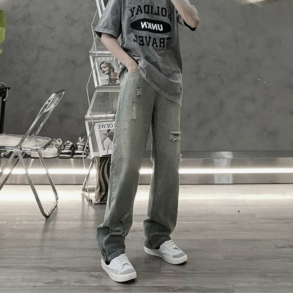 Quần khóa chân ống rộng quần khóa zip ống loe jean suông cạp cao XESINU