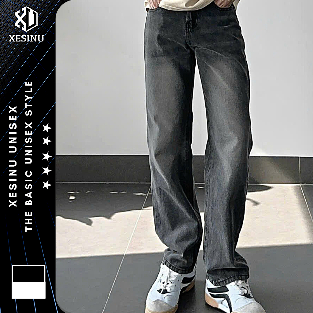 Quần suông xám nam jean ống suông ống rộng xám quần baggy nam