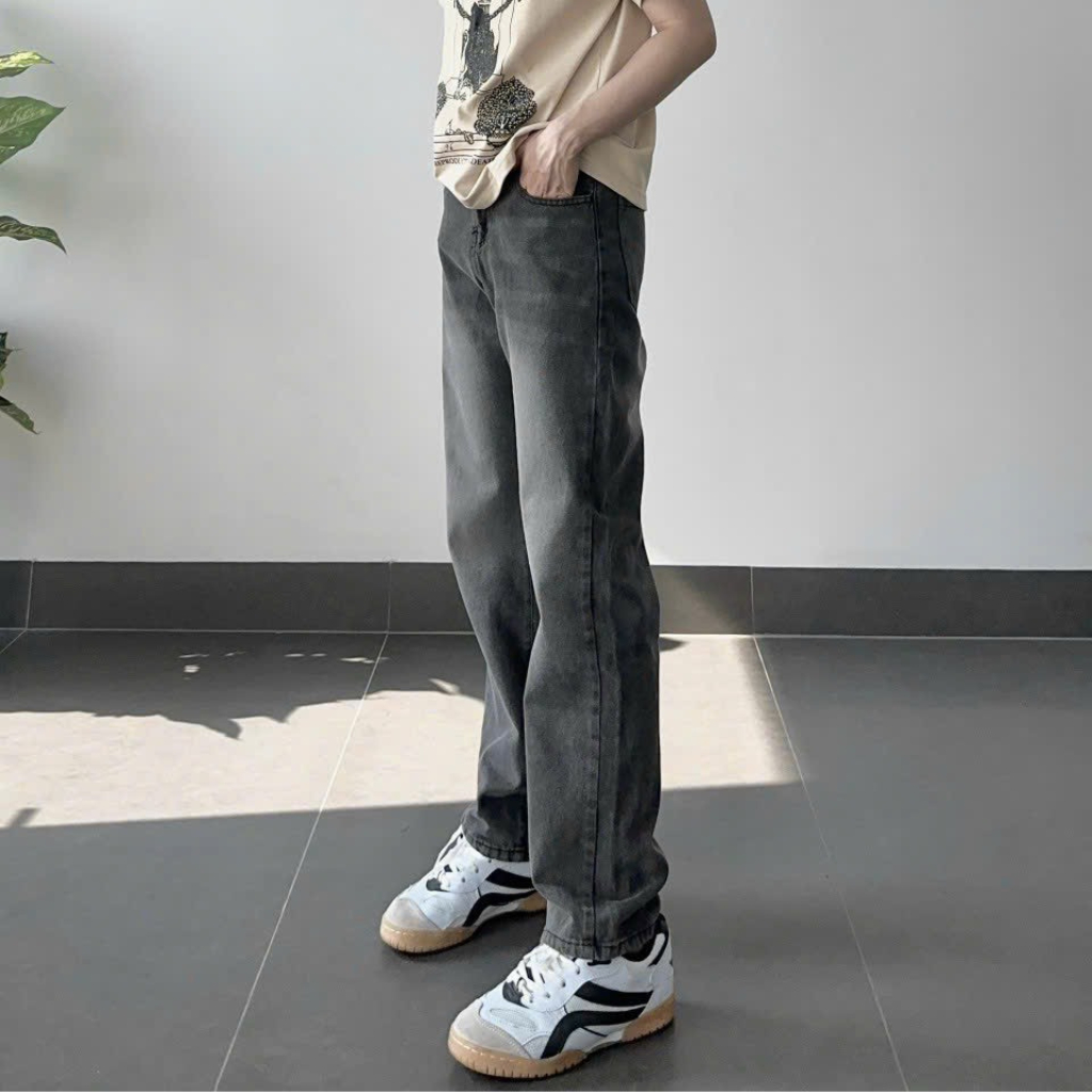 Quần suông xám nam jean ống suông ống rộng xám quần baggy nam