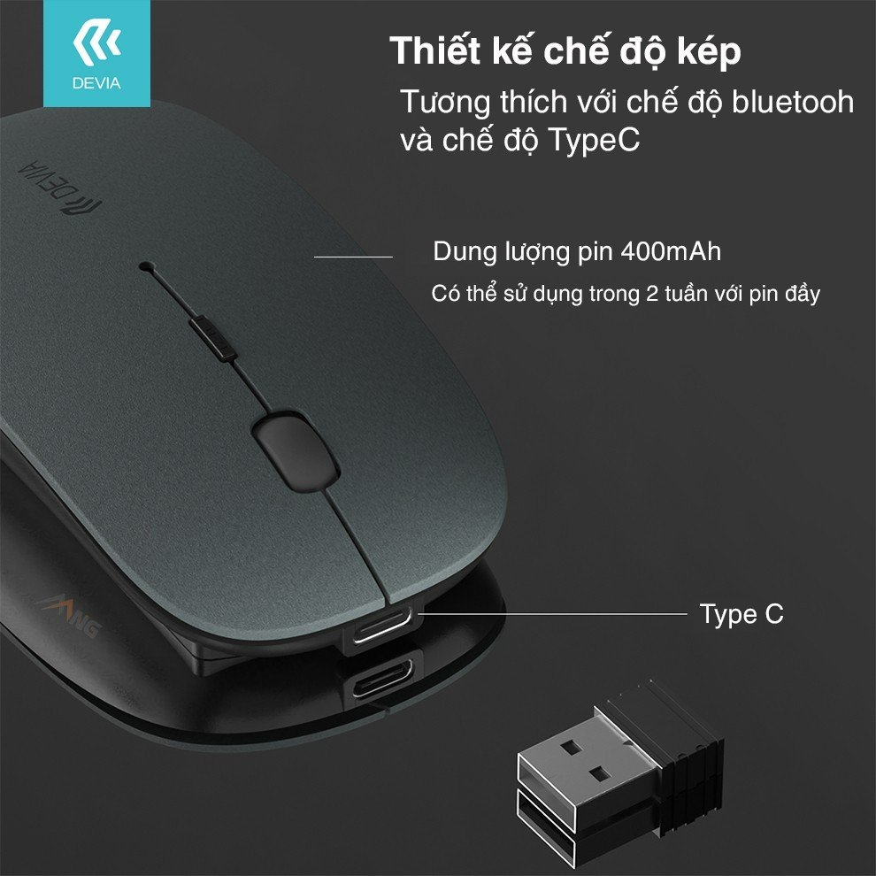 Chuột máy tính Gaming Devia có 2 chế độ kết nối bluetooth và kết nối không dây 2.4G, nhỏ nhẹ pin 400mAh có bảo hành