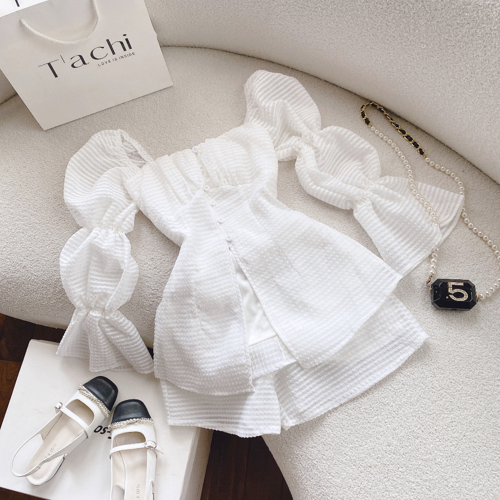 SET ÁO PEPLUM XỐP XẺ TÀ XẾP PHỒNG NGỰC TAY DÀI KHÚC LOE + QUẦN SHORT ONEC