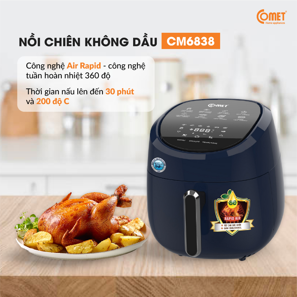 Hỏa tốc - Nồi chiên không dầu phím cảm ứng điện tử 4L COMET - CM6838