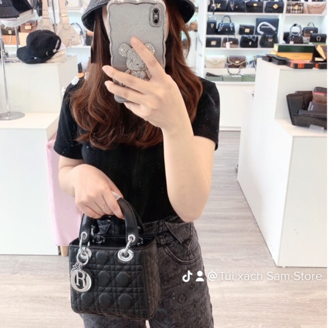 Túi dáng hộp da lì tag bạc size 18cm fullbox