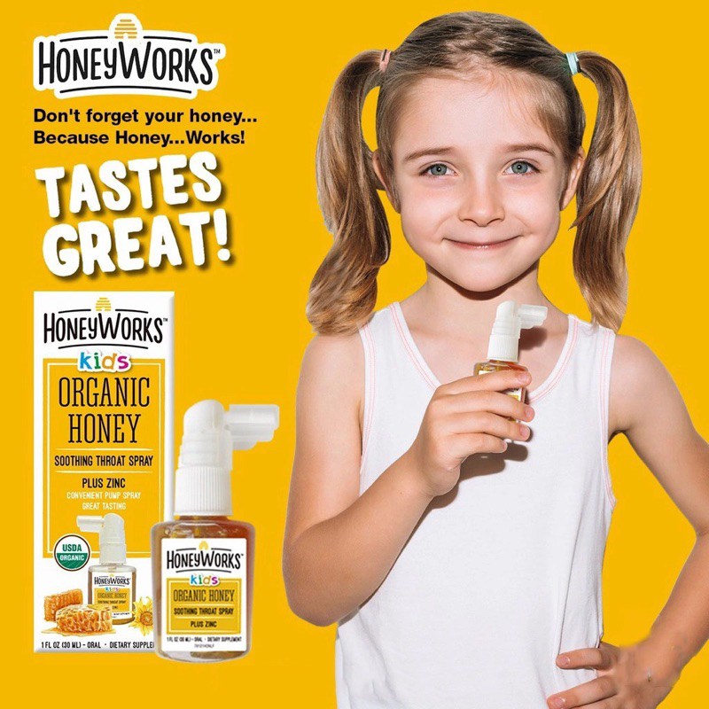 Xịt họng keo ong chứa kẽm hữu cơ 30ml HoneyWorks Kids Organic Honey Soothing Throat Spray Plus Zinc - BAABEELAND