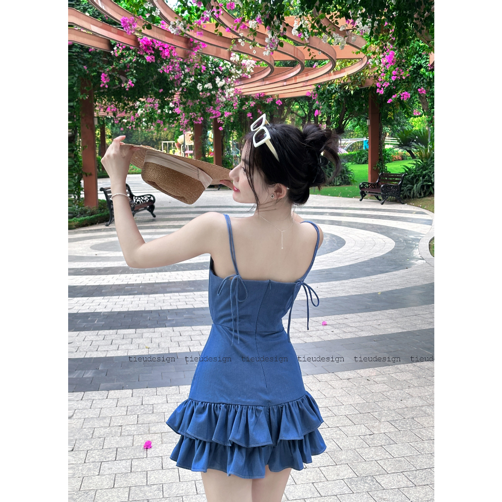 Đầm jean phom chữ A hai tầng bèo - thiết kế dạng corset by Tieudesign