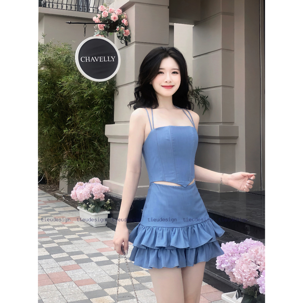 Đầm jean phom chữ A hai tầng bèo - thiết kế dạng corset by Tieudesign