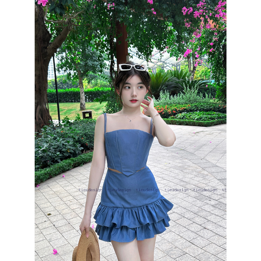 Đầm jean phom chữ A hai tầng bèo - thiết kế dạng corset by Tieudesign