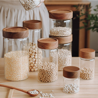 Hũ thuỷ tinh nắp gỗ có gai vặn kín khí, lọ thuỷ tinh đựng gia vị, đồ khô, thiết kế đẹp mắt và sang trọng