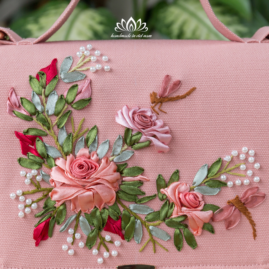 Túi doctor thêu ruy băng , túi thêu tay, túi thêu ruy băng ,tùy chọn 15 màu vải