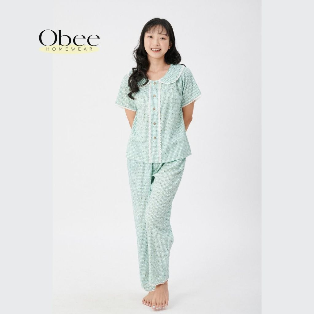 Đồ bộ mặc nhà Obee Closet quần dài vải kate cotton Hàn cổ sen viền ren dễ thương, áo chui đầu nút giả