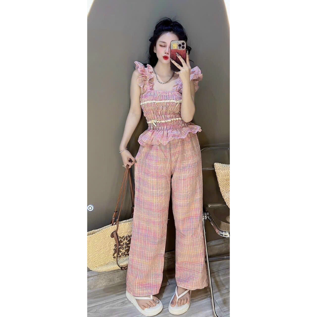 [7.7 Sales Freeship] Set bộ tiểu thư nữ, set bộ caro đũi xốp màu hồng áo 2 dây nhún ngực đính nơ quần dài dễ thương