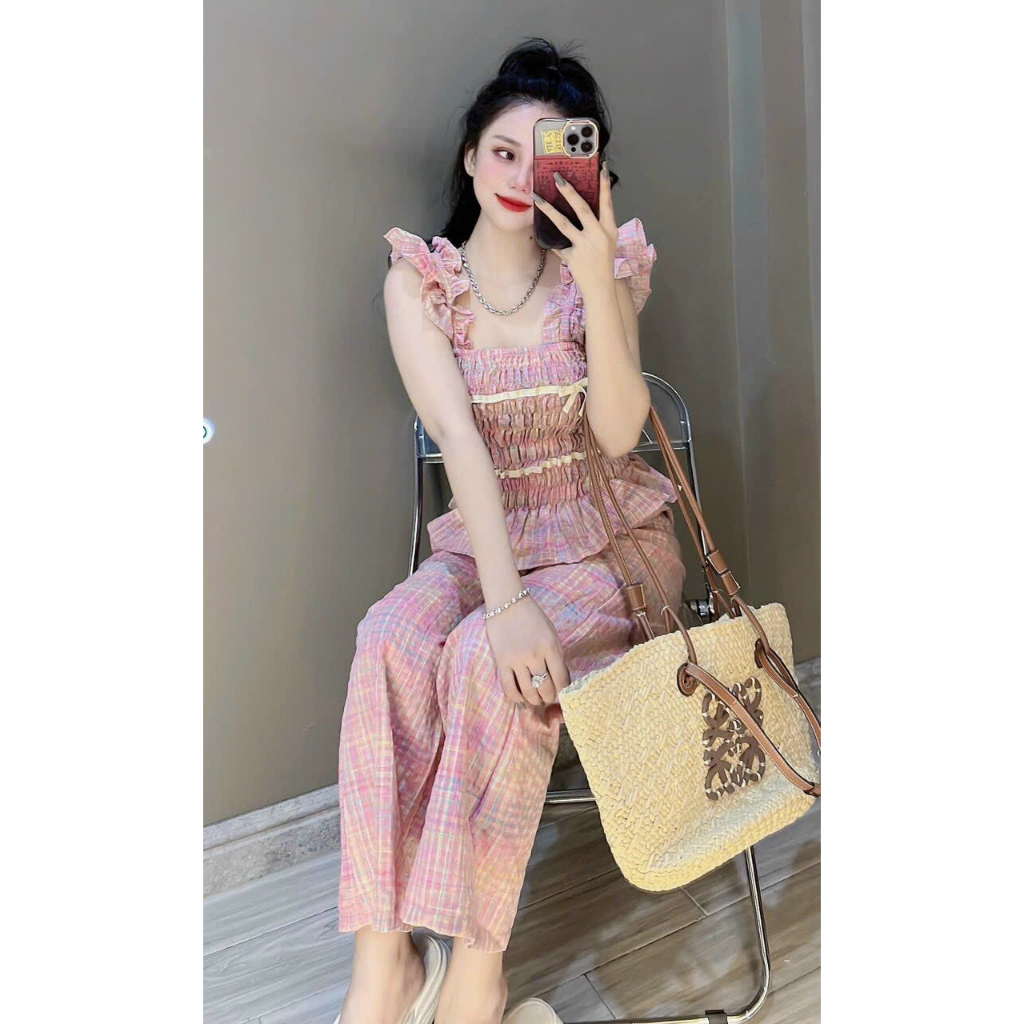[7.7 Sales Freeship] Set bộ tiểu thư nữ, set bộ caro đũi xốp màu hồng áo 2 dây nhún ngực đính nơ quần dài dễ thương