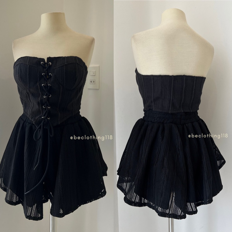Set croptop ống đan dây ngực + short váy