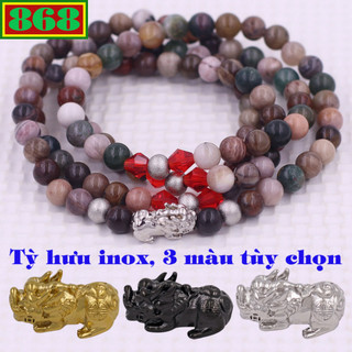 Vòng chuỗi 108 hạt gỗ hóa thạch charm tỳ hưu inox - hạt 6 ly, 8 ly, 10 ly vòng chuỗi niệm Phật