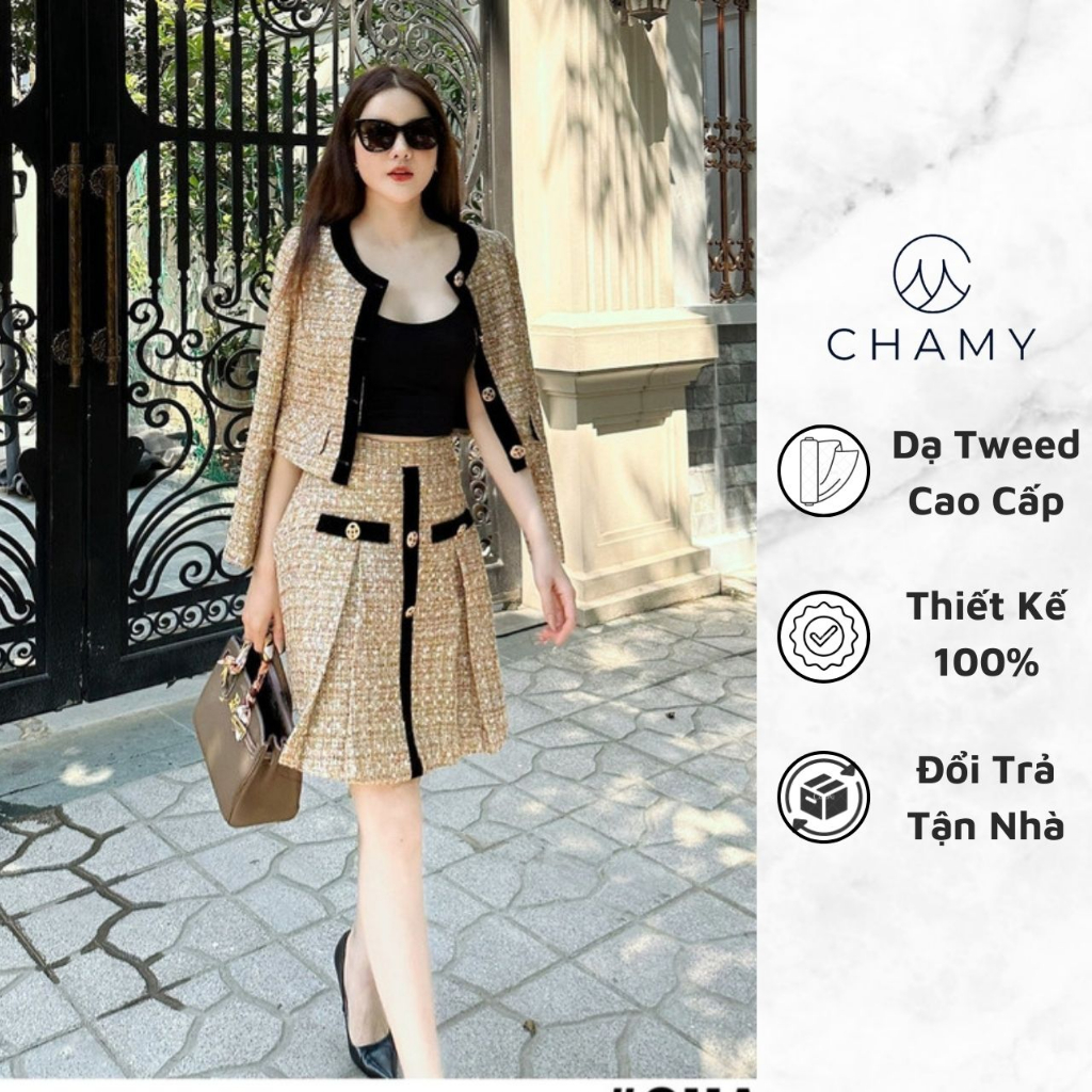 Set 𝐂𝐇𝐀𝐌𝐘 Pollar Áo Dáng Croptop Mix Chân Váy Xếp Ly Hack Tuổi Chất Dạ Tweed Kim Cương