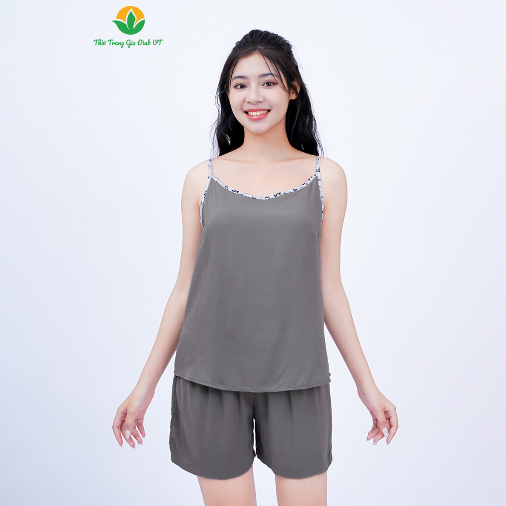 Bộ đồ 2 dây mặc nhà nữ xuân hè Việt Thắng, quần đùi, áo hai dây, chất Lanh - B21.2201