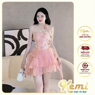 Váy cúp ngực đầm xòe tầng công chúa đính hoa kèm dây choker hoa voan xinh xắn Kemi