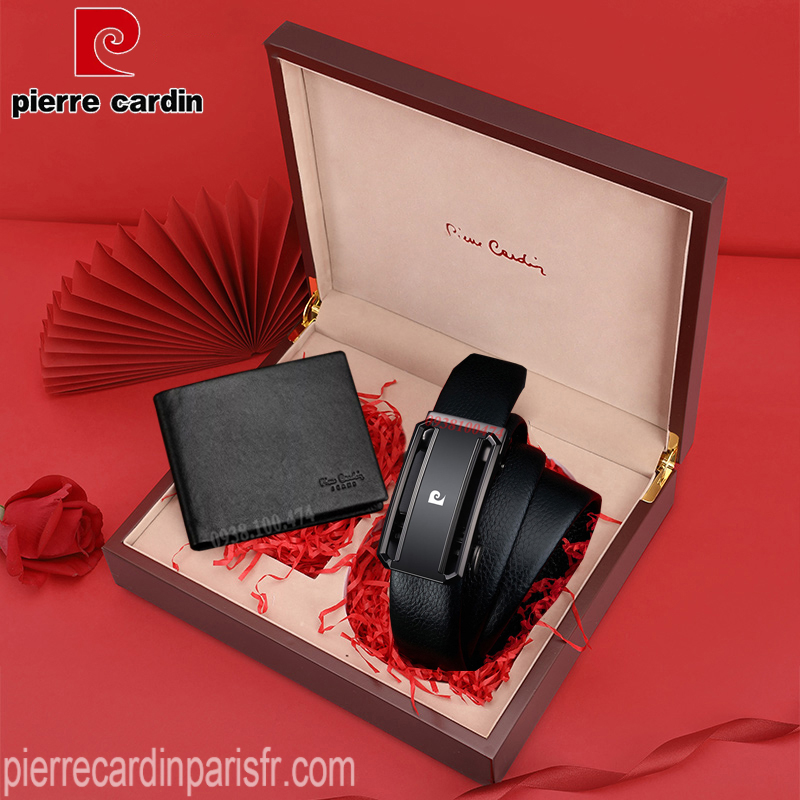 Combo thắt lưng ví Pierre Cardin chính hãng HỘP GỖ da bò thật khóa kéo rút tự động SETPC32