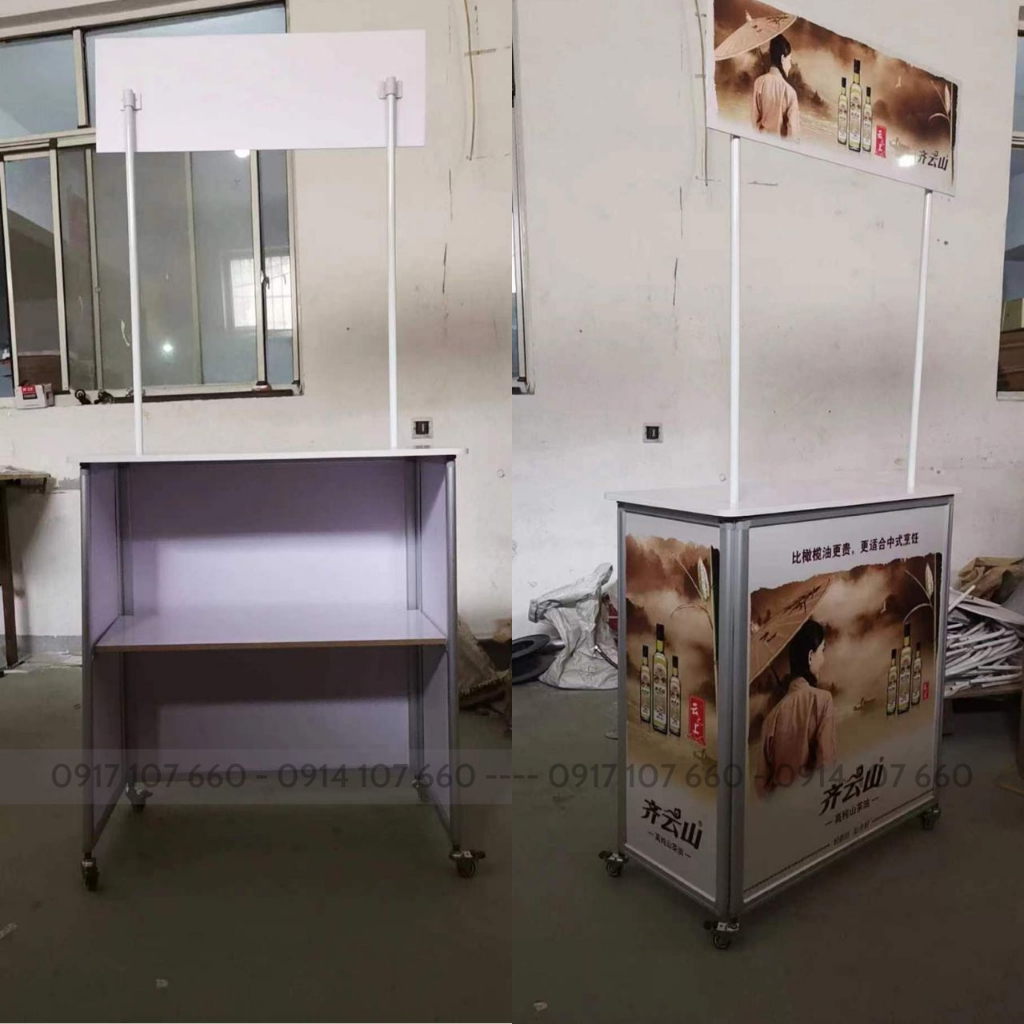 Quầy bán hàng di động có bánh xe, quầy nhôm bánh xe, booth nhôm di động