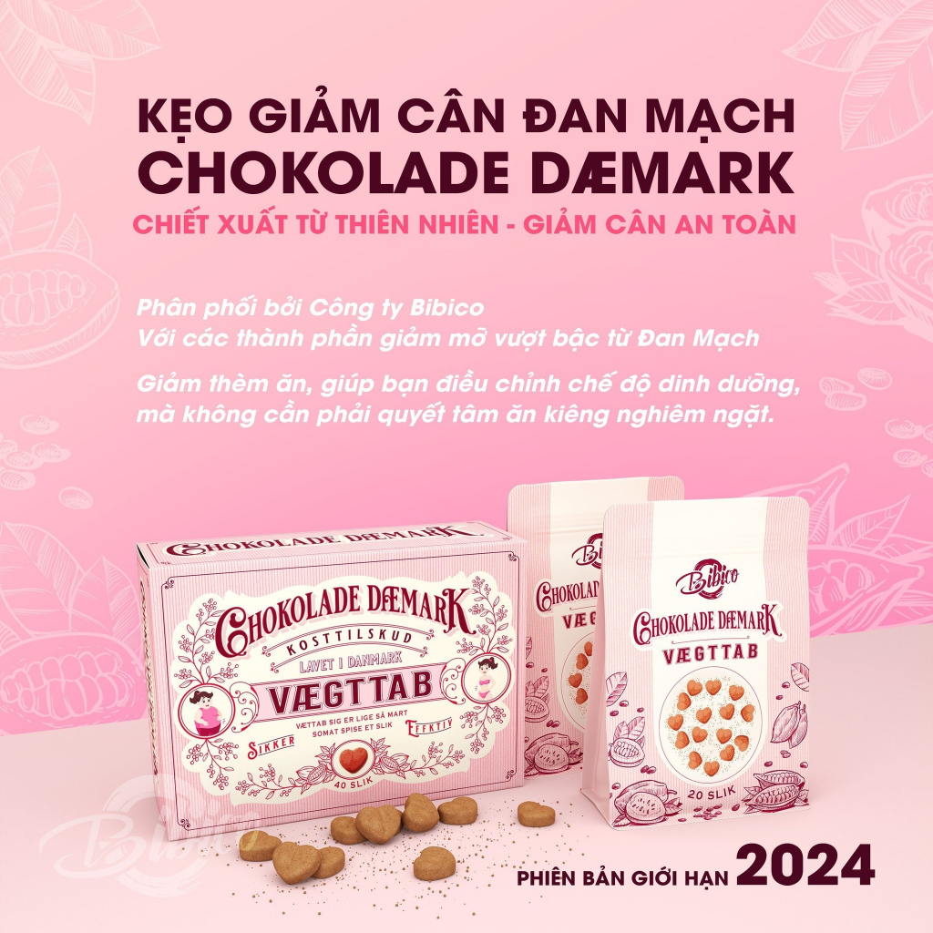 Kẹo Socola Giảm Cân Hồng Chokolade Vaegttab Chính Hãng Đan Mạch Mẫu Mới 2023