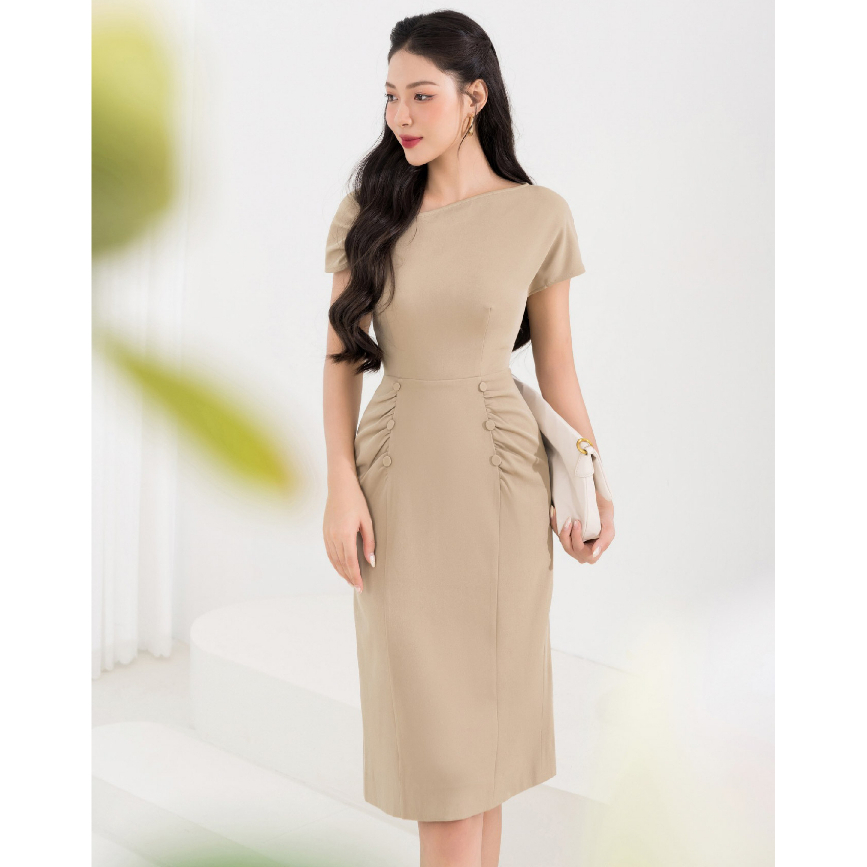 Đầm ôm đuôi cá công sở HeraDG thiết kế nhún tay lệch chân váy suông vẩy chất liệu Tuytsi cao cấp SDPBC3115