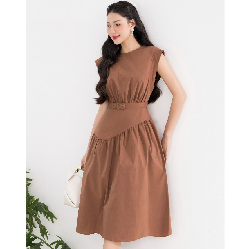 Đầm xòe cổ tròn vai chờm HeraDG thiết kế đai eo chân váy tạo hiệu ứng bồng bềnh chất liệu Cotton Poplin SDPBC6114