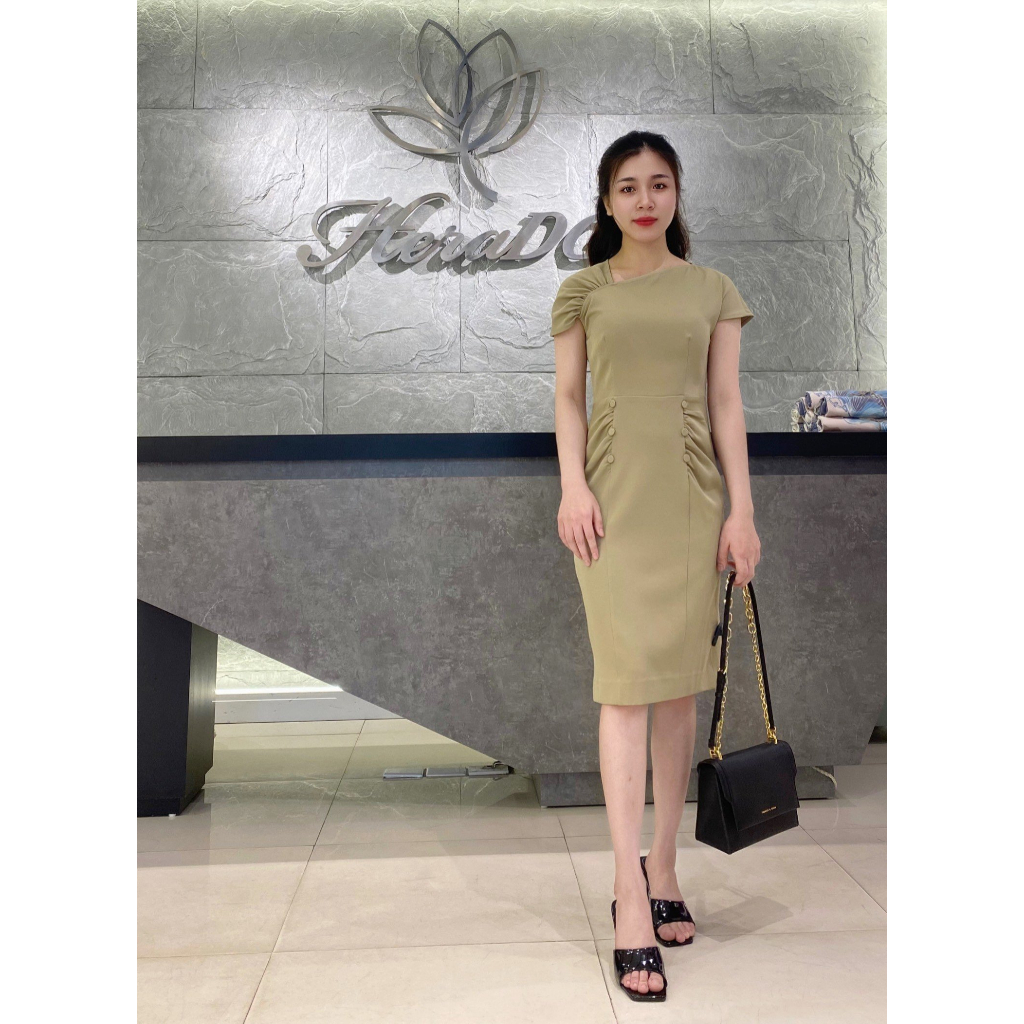 Đầm ôm đuôi cá công sở HeraDG thiết kế nhún tay lệch chân váy suông vẩy chất liệu Tuytsi cao cấp SDPBC3115