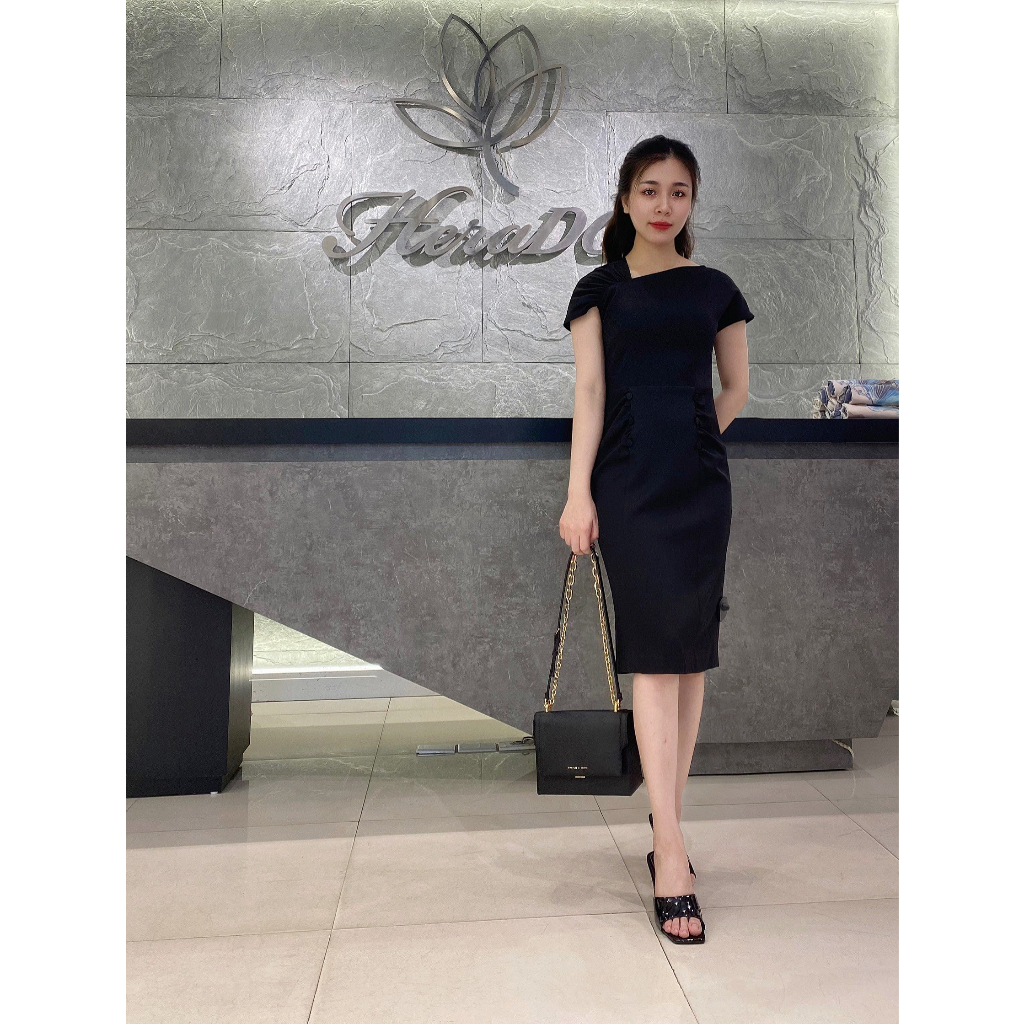 Đầm ôm đuôi cá công sở HeraDG thiết kế nhún tay lệch chân váy suông vẩy chất liệu Tuytsi cao cấp SDPBC3115
